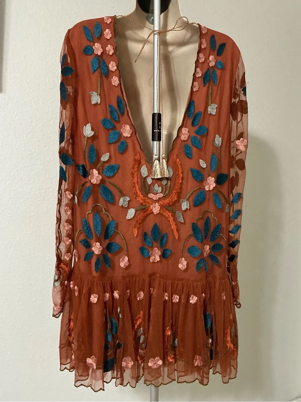 EUC Free People Hearts are Wild Burnt Orange Embroidered Dress Small